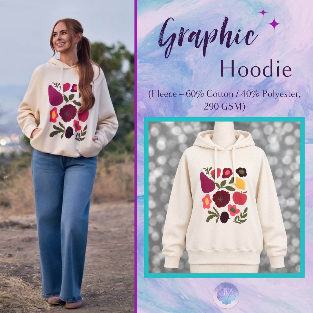 LuLaRoe Graphic Hoodie in soft ivory with a multicolor fruit and floral graphic displayed on a mannequin.