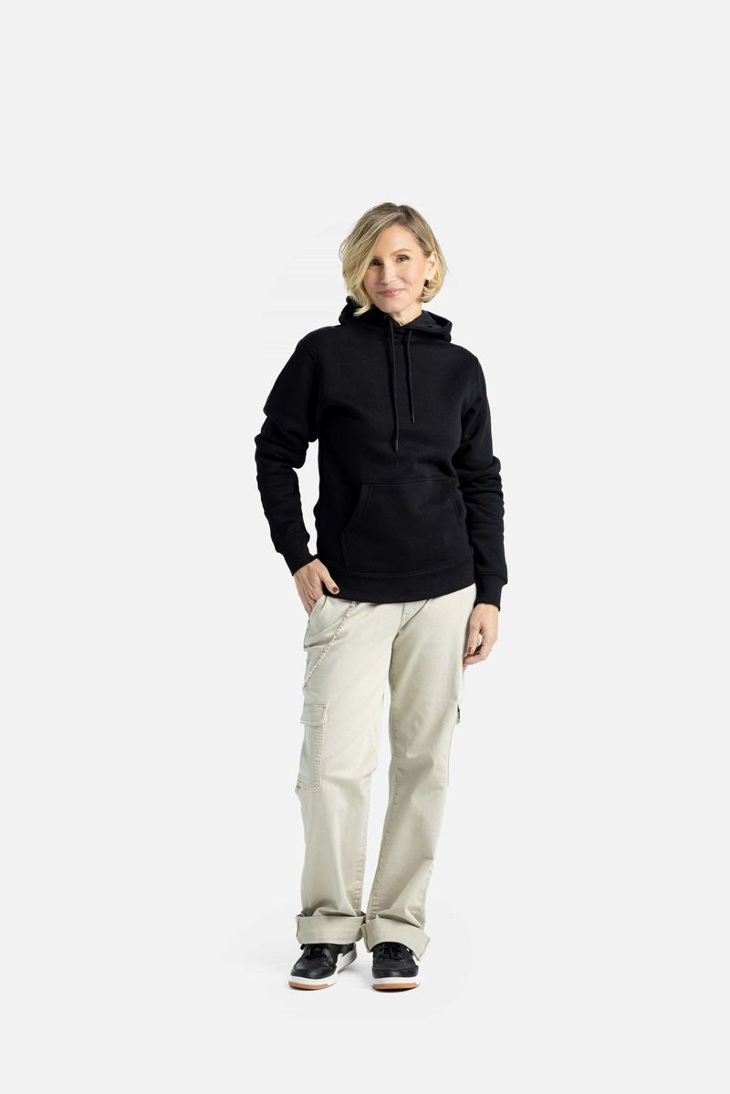 LuLaRoe Happy Hoodie in solid black shown on a person standing against a light background. Long-sleeve fleece hoodie with drawcord, kangaroo pocket, and relaxed fit.