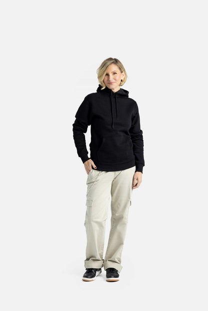 LuLaRoe Happy Hoodie in solid black shown on a person standing against a light background. Long-sleeve fleece hoodie with drawcord, kangaroo pocket, and relaxed fit.