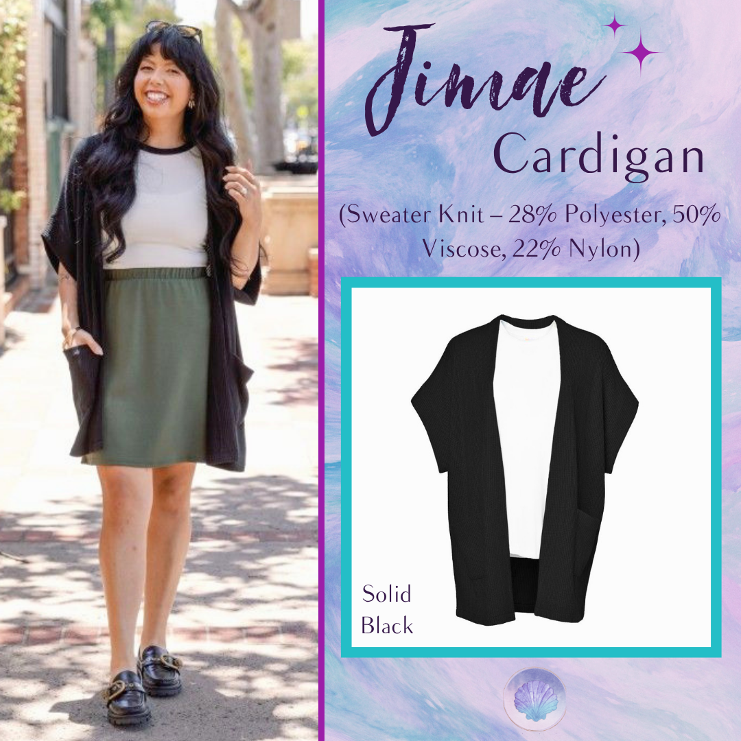 LuLaRoe Jimae Sweater Cardigan in solid black with an open-front silhouette and patch pockets