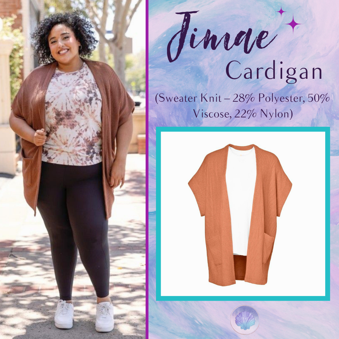 LuLaRoe Jimae Sweater Cardigan in solid cinnamon brown with an open-front silhouette and patch pockets