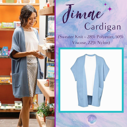 LuLaRoe Jimae Sweater Cardigan in solid dusty blue with an open-front silhouette and patch pockets