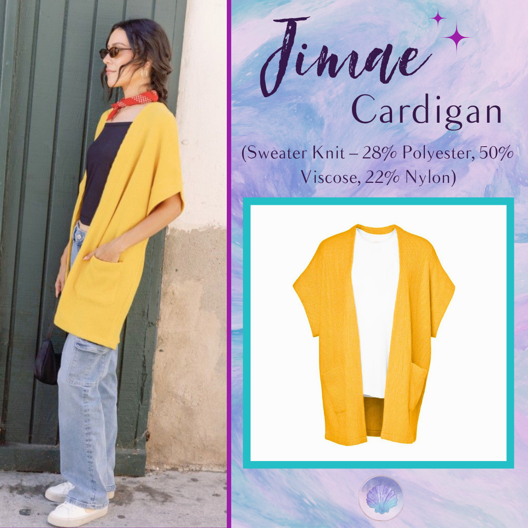 LuLaRoe Jimae Sweater Cardigan in solid golden yellow with an open-front silhouette and patch pockets