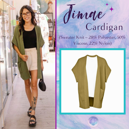 LuLaRoe Jimae Sweater Cardigan in solid olive green with an open-front silhouette and patch pockets