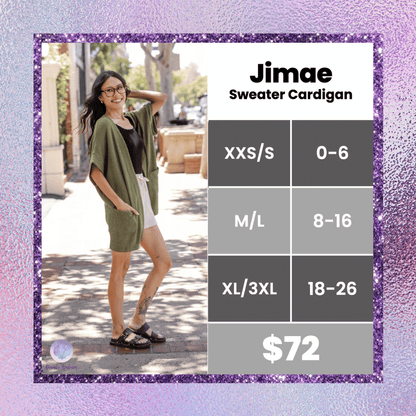 LuLaRoe Jimae Sweater Cardigan size chart for XXS/S, M/L and XL/3XL