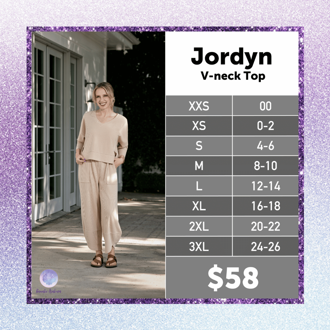 Jordyn V-Neck Thermal size chart for women's sizes XXS through 3XL