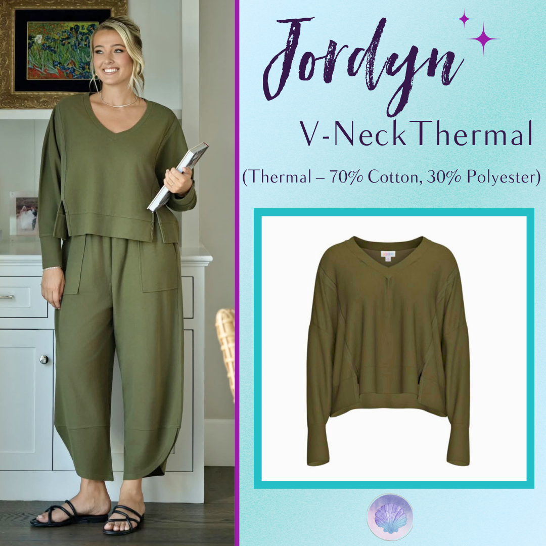 LuLaRoe Jordyn V-Neck Thermal in Solid Olive Green, front product view