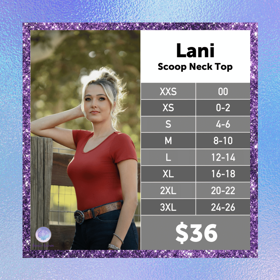 LuLaRoe Lani Scoop Neck Top size chart for women's sizes XXS through 3XL
