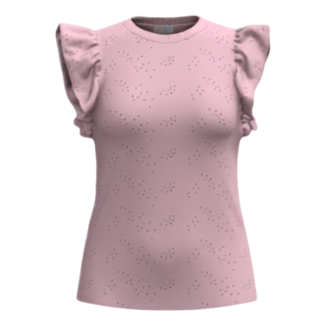 Pink top with ruffled sleeves on a white background