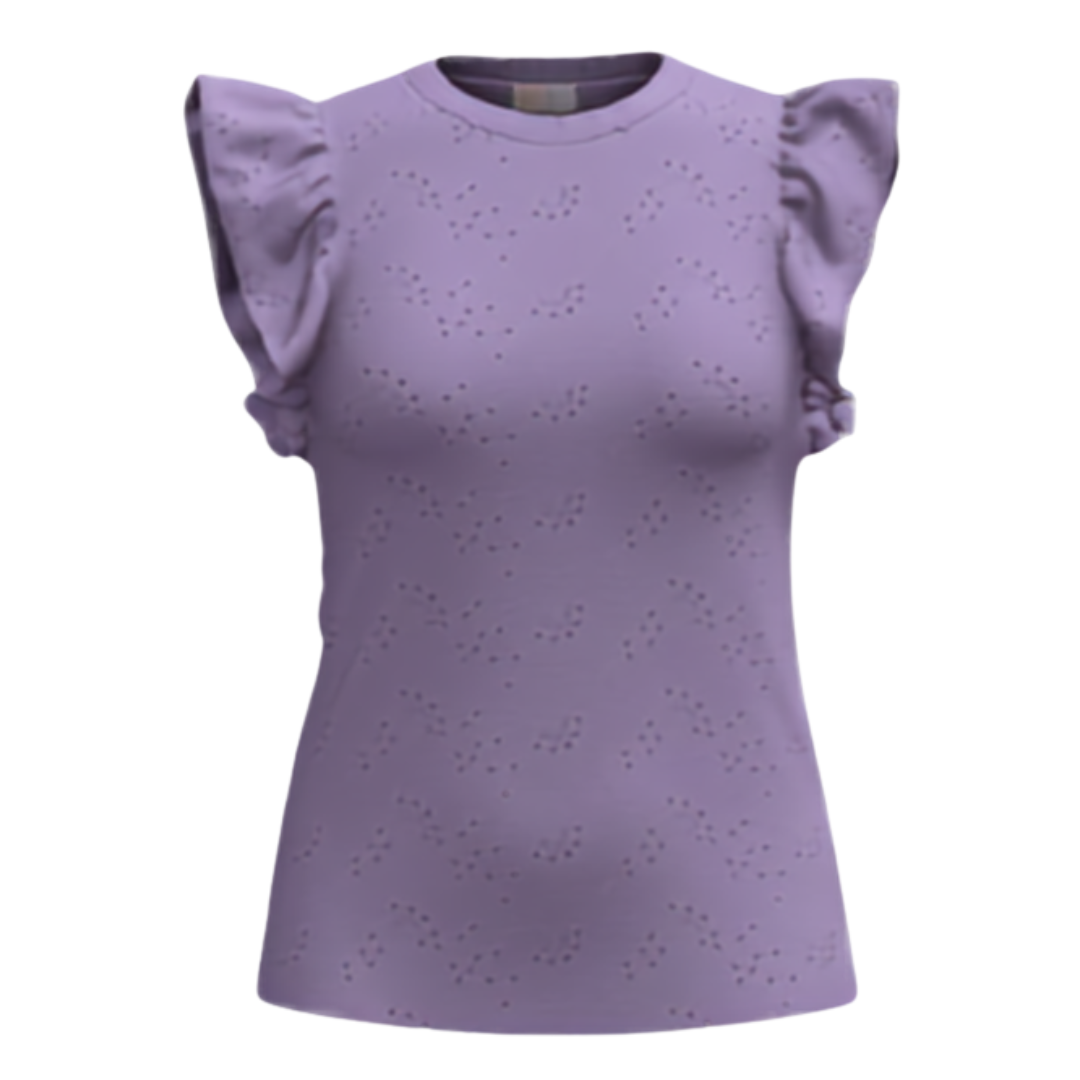 Purple top with ruffled sleeves on a white background