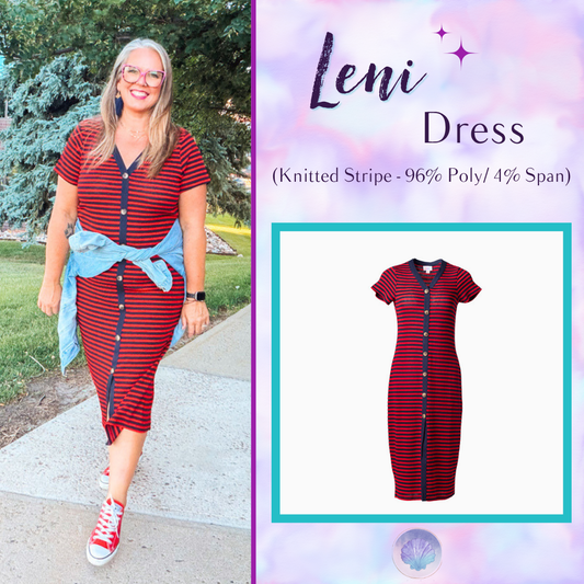 LuLaRoe Leni Button Front Midi Dress in Red and Navy Scalloped Stripe with short sleeves and faux tortoiseshell buttons