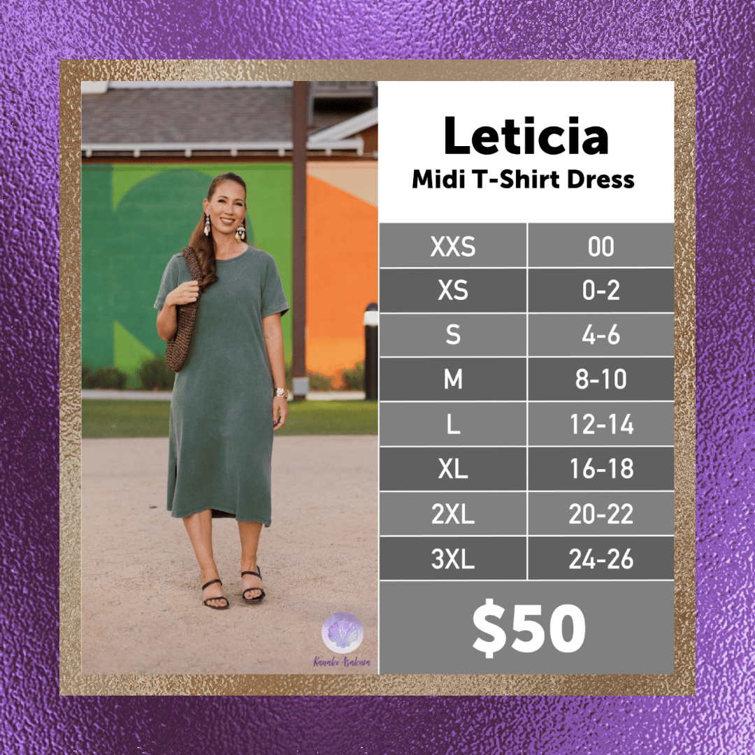 LuLaRoe Leticia Midi T-Shirt Dress size chart XXS to 3XL