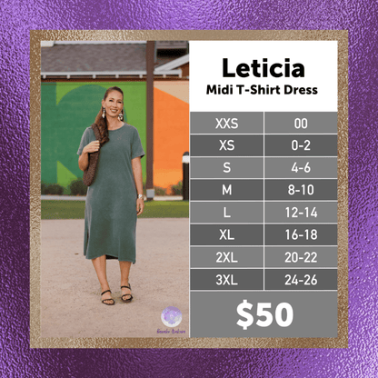LuLaRoe Leticia Midi T-Shirt Dress size chart XXS to 3XL