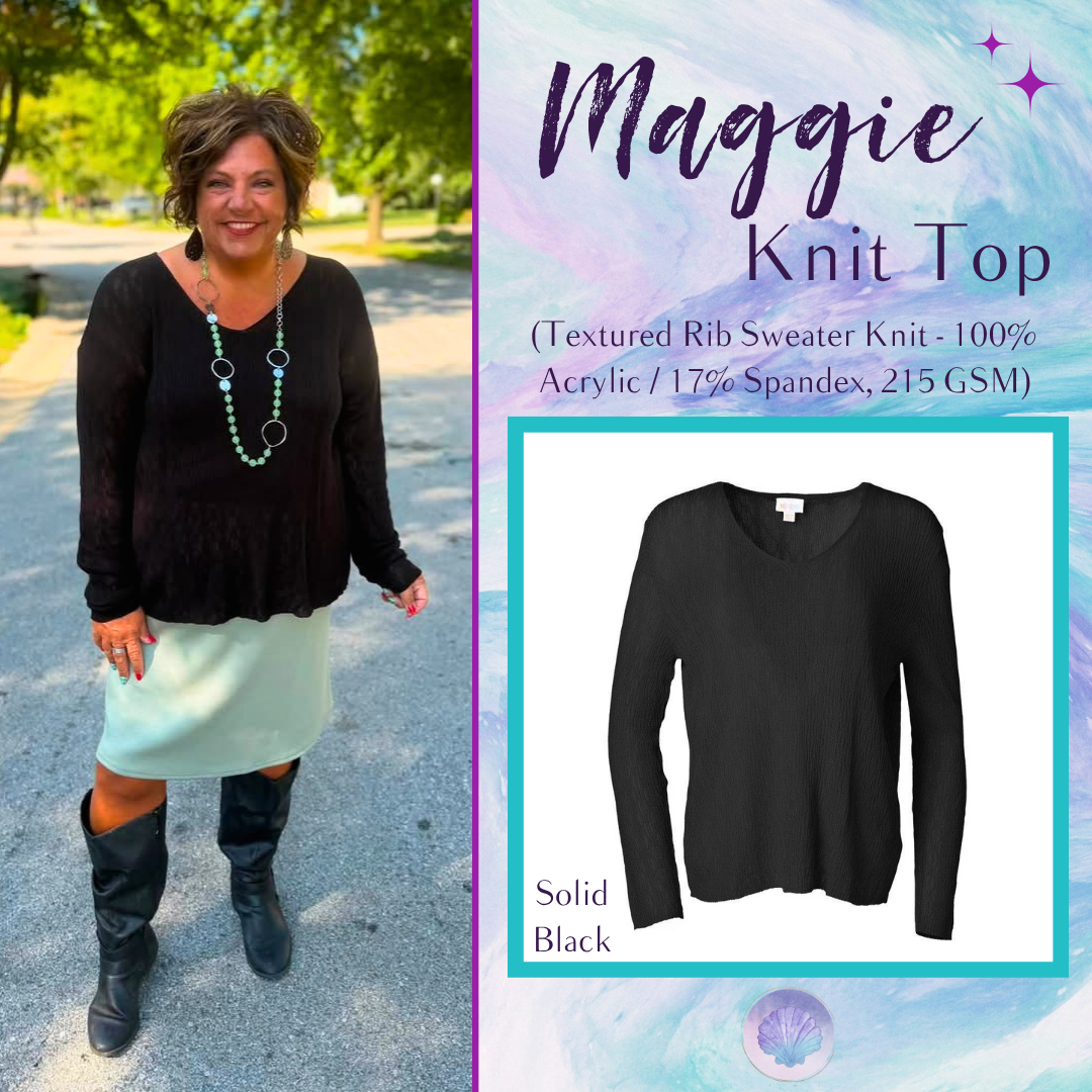 LuLaRoe Maggie Textured Knit Top in Solid Black - lightweight V-neck open-knit sweater with long sleeves