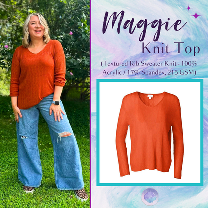 LuLaRoe Maggie Textured Knit Top in Solid Burnt Orange - lightweight V-neck open-knit sweater with long sleeves