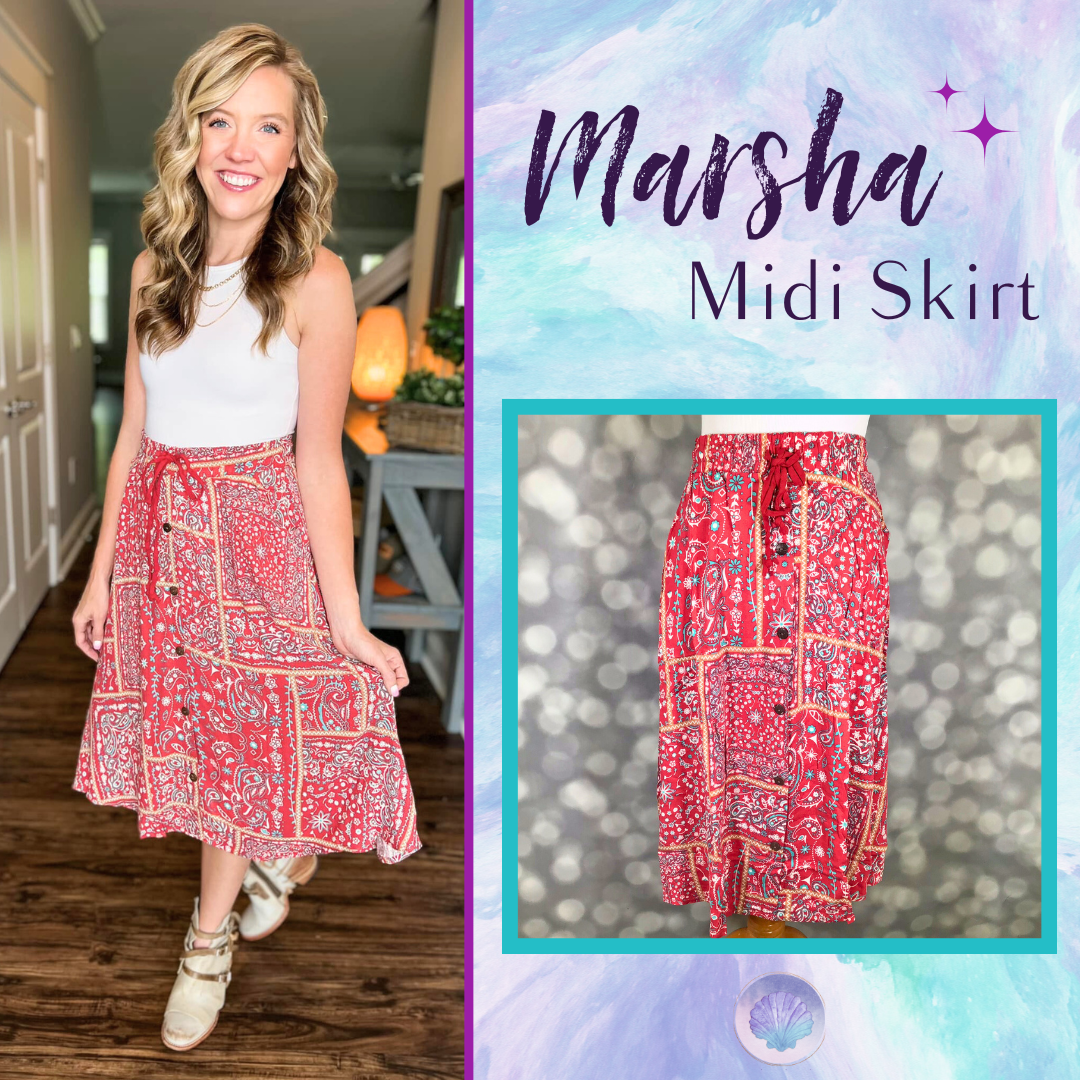 LuLaRoe LuLaRoe Marsha Midi Skirt - Crimson Folk Patch 