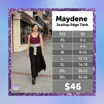 LuLaRoe Maydene Scallop Edge Tank size chart for women's sizes XXS through 3XL.