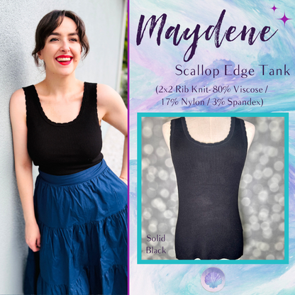 LuLaRoe Maydene Scallop Edge Tank in Solid Black with rib knit fabric, fitted silhouette, and scalloped neckline and arm openings.