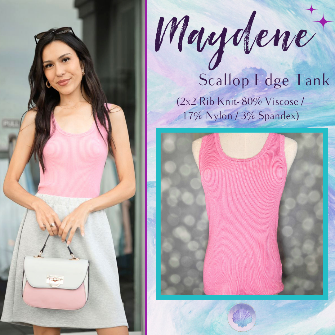 LuLaRoe Maydene Scallop Edge Tank in Solid Bubblegum Pink with rib knit fabric, fitted silhouette, and scalloped neckline and arm openings.