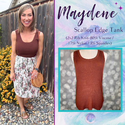 LuLaRoe Maydene Scallop Edge Tank in Solid Cocoa Brown with rib knit fabric, fitted silhouette, and scalloped neckline and arm openings.