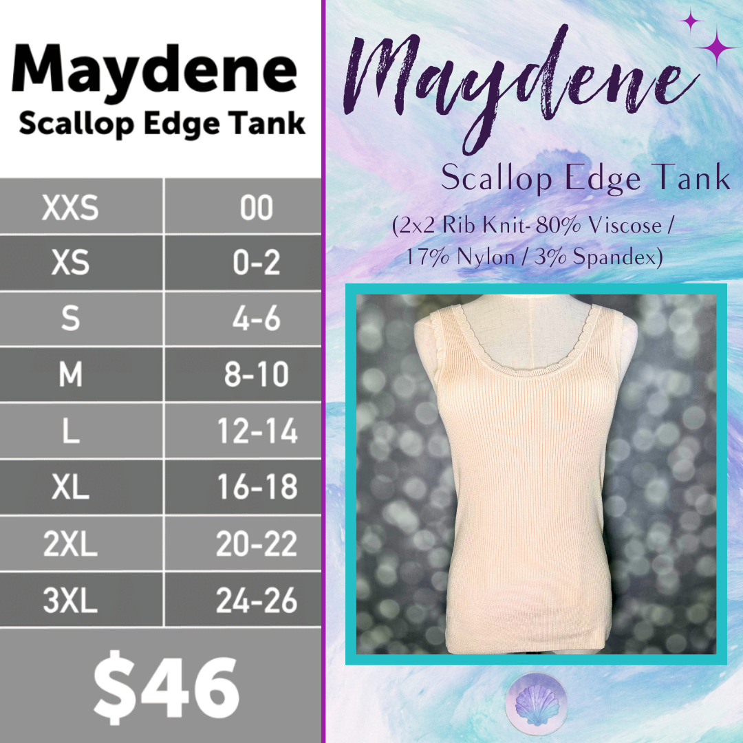 LuLaRoe Maydene Scallop Edge Tank in Solid Egret Ivory with rib knit fabric, fitted silhouette, and scalloped neckline and arm openings.