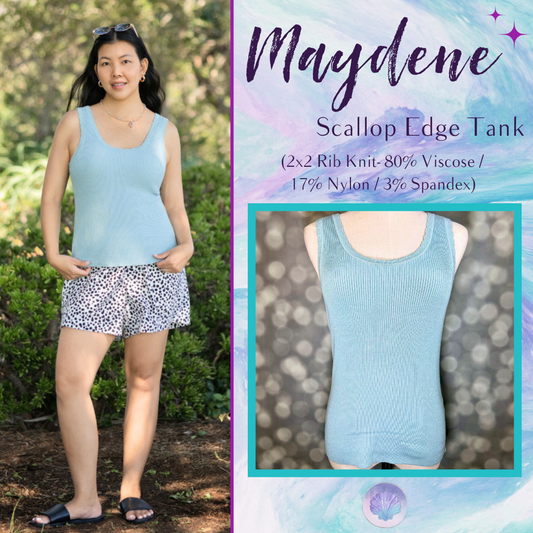 LuLaRoe Maydene Scallop Edge Tank in Solid Powder Blue with rib knit fabric, fitted silhouette, and scalloped neckline and arm openings.