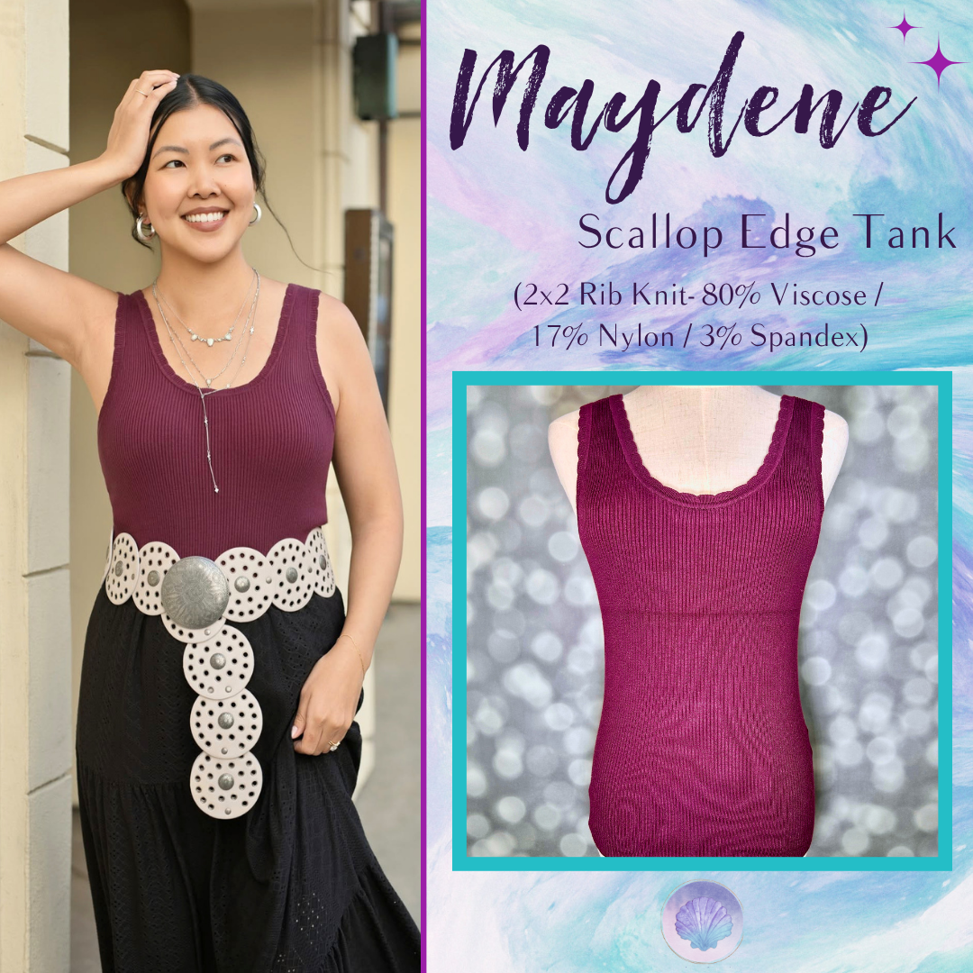 LuLaRoe Maydene Scallop Edge Tank in Solid Rich Plum with rib knit fabric, fitted silhouette, and scalloped neckline and arm openings.