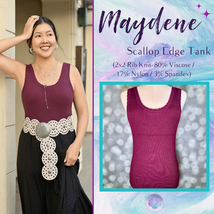 LuLaRoe Maydene Scallop Edge Tank in Solid Rich Plum with rib knit fabric, fitted silhouette, and scalloped neckline and arm openings.