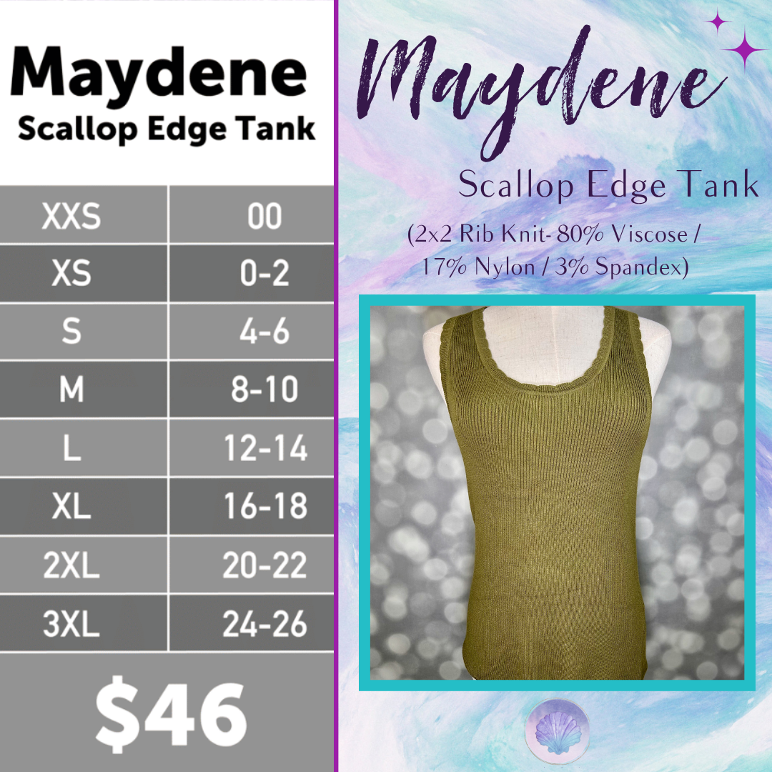 LuLaRoe Maydene Scallop Edge Tank in Solid Soft Olive with rib knit fabric, fitted silhouette, and scalloped neckline and arm openings.