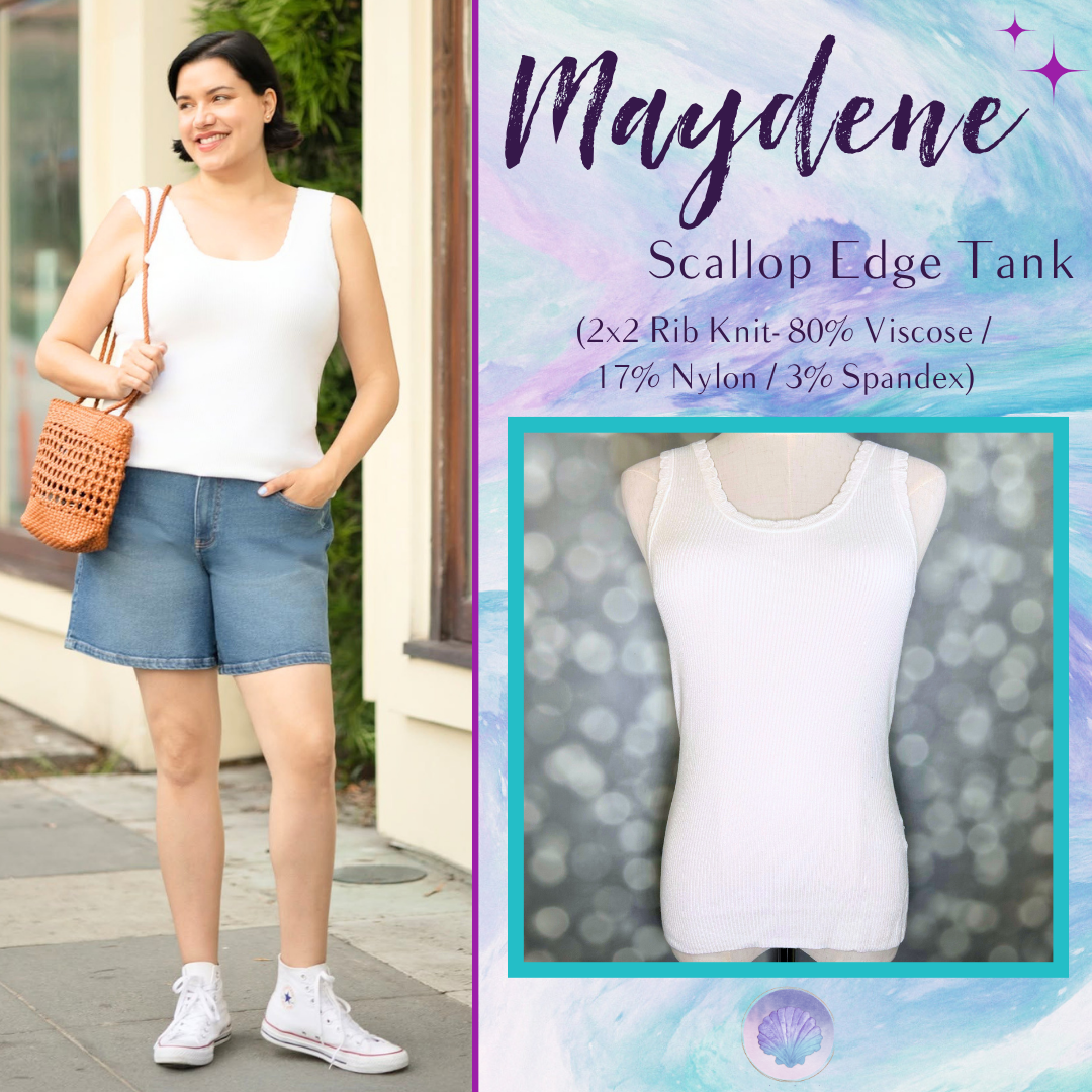 LuLaRoe Maydene Scallop Edge Tank in Solid White with rib knit fabric, fitted silhouette, and scalloped neckline and arm openings.