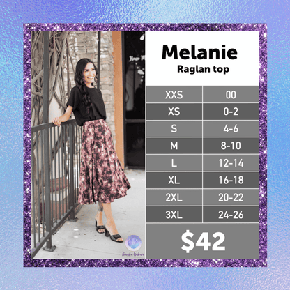 LuLaRoe Melanie Raglan Top revised size chart for sizes XXS through 3XL.
