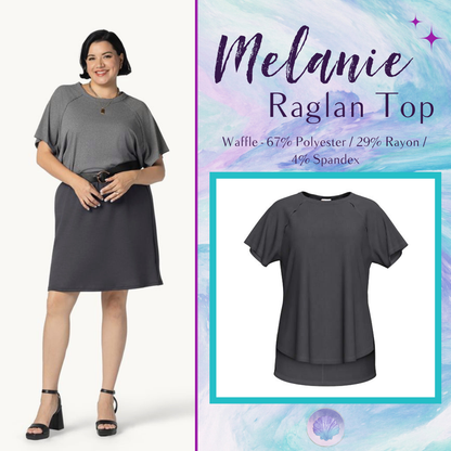 LuLaRoe Melanie Raglan Top in Solid Charcoal with a relaxed fit, raglan sleeves, raw-edge seam details, rib knit texture, and a curved high-low hem.