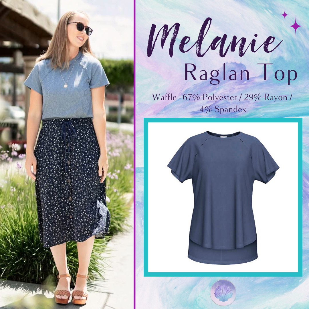 LuLaRoe Melanie Raglan Top in Solid Denim Blue with a relaxed fit, raglan sleeves, raw-edge seam details, rib knit texture, and a curved high-low hem.