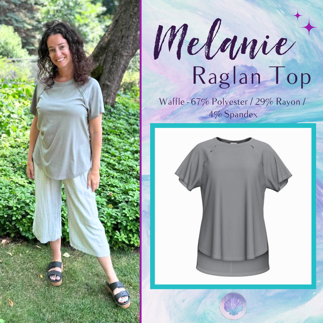 LuLaRoe Melanie Raglan Top in Solid Heather Gray with a relaxed fit, raglan sleeves, raw-edge seam details, rib knit texture, and a curved high-low hem.