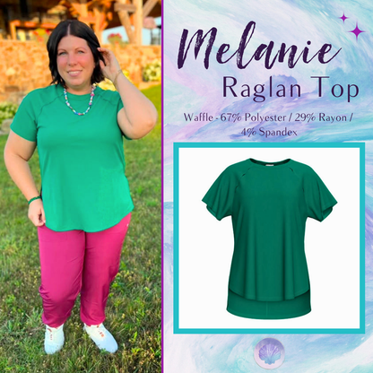 LuLaRoe Melanie Raglan Top in Solid Kelly Green with a relaxed fit, raglan sleeves, raw-edge seam details, rib knit texture, and a curved high-low hem.