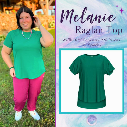 LuLaRoe Melanie Raglan Top in Solid Kelly Green with a relaxed fit, raglan sleeves, raw-edge seam details, rib knit texture, and a curved high-low hem.
