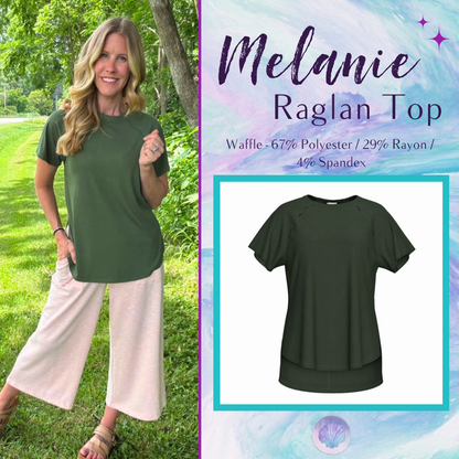 LuLaRoe Melanie Raglan Top in Solid Deep Olive Green with a relaxed fit, raglan sleeves, raw-edge seam details, rib knit texture, and a curved high-low hem.