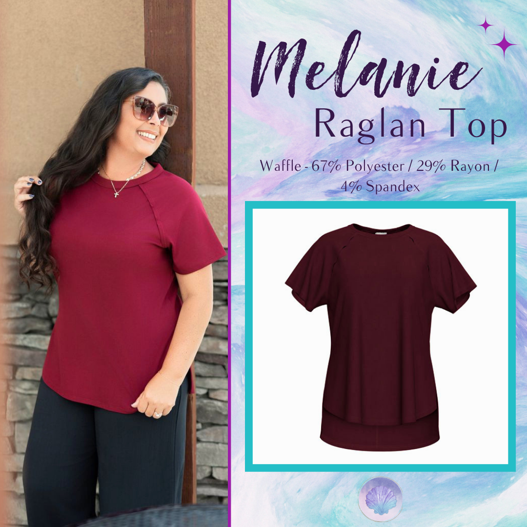 LuLaRoe Melanie Raglan Top in Solid Rich Burgundy with a relaxed fit, raglan sleeves, raw-edge seam details, rib knit texture, and a curved high-low hem.