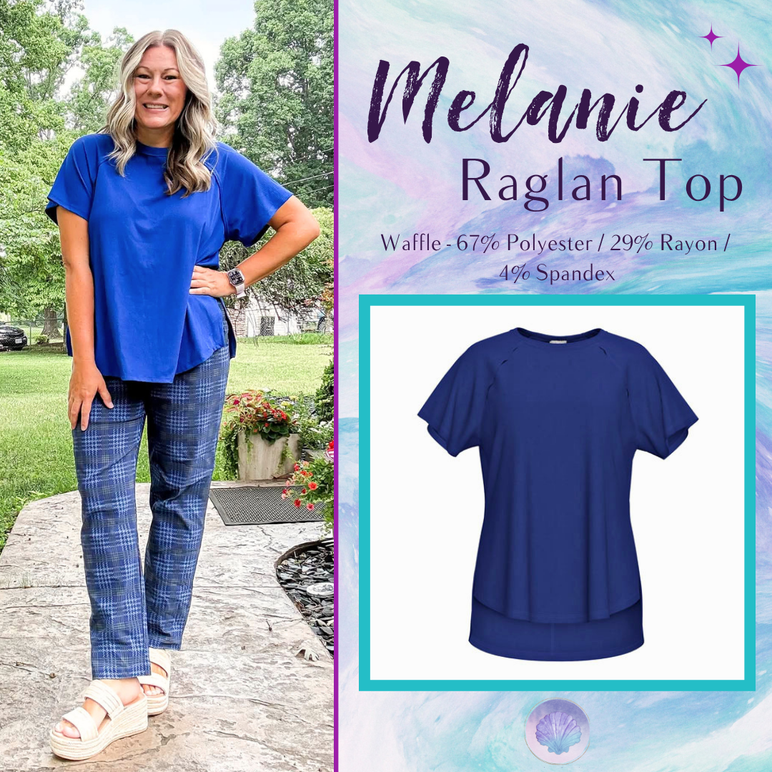 LuLaRoe Melanie Raglan Top in Solid Royal Blue with a relaxed fit, raglan sleeves, raw-edge seam details, rib knit texture, and a curved high-low hem.