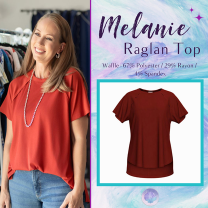 LuLaRoe Melanie Raglan Top in Solid Rustic Terracotta with a relaxed fit, raglan sleeves, raw-edge seam details, rib knit texture, and a curved high-low hem.