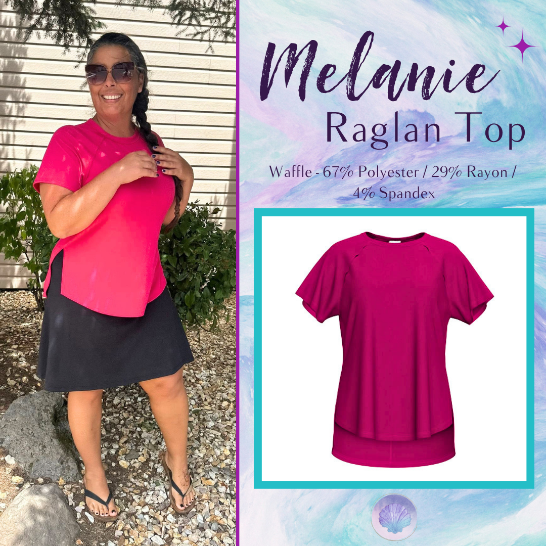 LuLaRoe Melanie Raglan Top in Solid Vibrant Fuchsia with a relaxed fit, raglan sleeves, raw-edge seam details, rib knit texture, and a curved high-low hem.