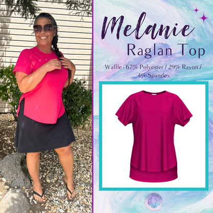 LuLaRoe Melanie Raglan Top in Solid Vibrant Fuchsia with a relaxed fit, raglan sleeves, raw-edge seam details, rib knit texture, and a curved high-low hem.