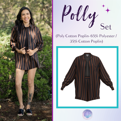 LuLaRoe Polly Set in Espresso Pinstripe featuring rich espresso brown fabric with black vertical pinstripes, an oversized button-front shirt, and matching pull-on shorts.