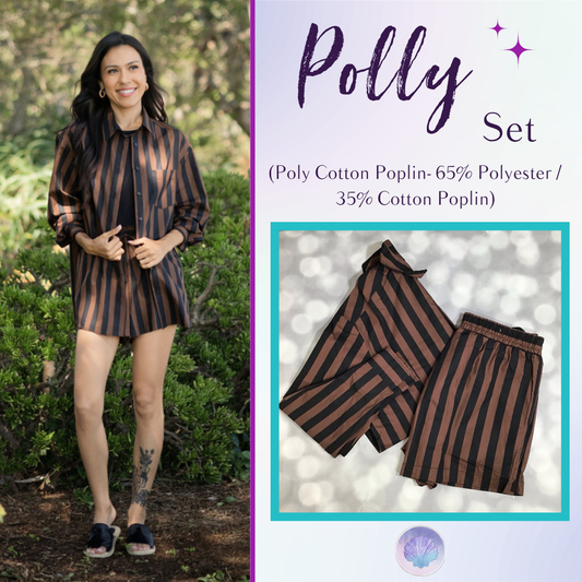 A woman wearing a brown and black striped button-up shirt and matching striped shorts is shown outdoors on the left, with a product panel on the right labeled 'Polly Set' showing the matching set and fabric details.