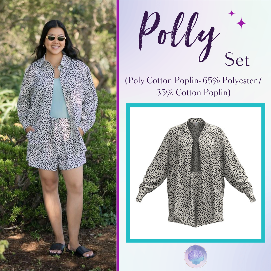 LuLaRoe Polly Set in Midnight Confetti featuring an ivory background with scattered black abstract dots, an oversized button-front shirt, and matching pull-on shorts.