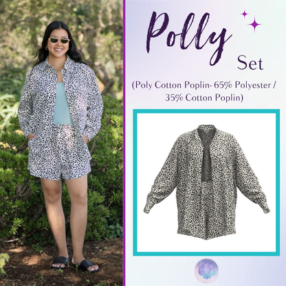 LuLaRoe Polly Set in Midnight Confetti featuring an ivory background with scattered black abstract dots, an oversized button-front shirt, and matching pull-on shorts.