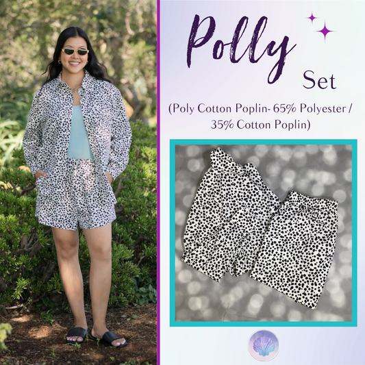 A woman wearing a black-and-white spotted short-sleeve shirt and matching shorts stands outdoors in front of greenery, with text on the right reading 'Polly Set' and a smaller inset showing the matching set laid flat. The listing appears to be for a two-piece outfit set.