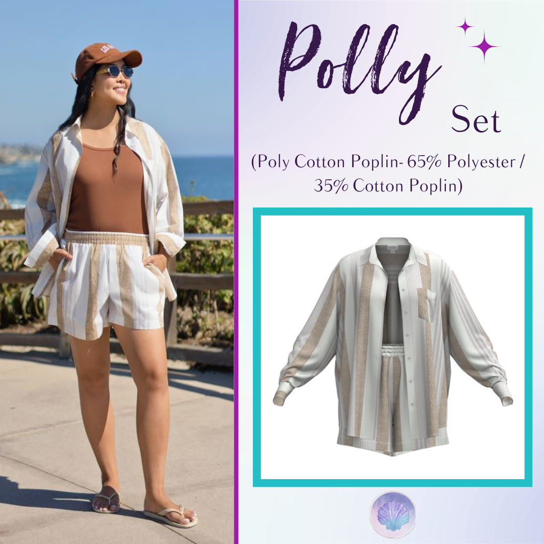 LuLaRoe Polly Set in Natural Cabana Stripe featuring ivory fabric with natural beige vertical stripes, an oversized button-front shirt, and matching pull-on shorts.
