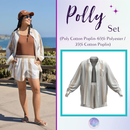 LuLaRoe Polly Set in Natural Cabana Stripe featuring ivory fabric with natural beige vertical stripes, an oversized button-front shirt, and matching pull-on shorts.