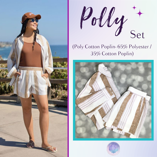 A woman outdoors wearing a striped and glittery two-piece outfit set, with text on the right reading 'Polly Set' and fabric composition details. The set includes a brown tank top and matching striped shorts with a glittery white button-up shirt.